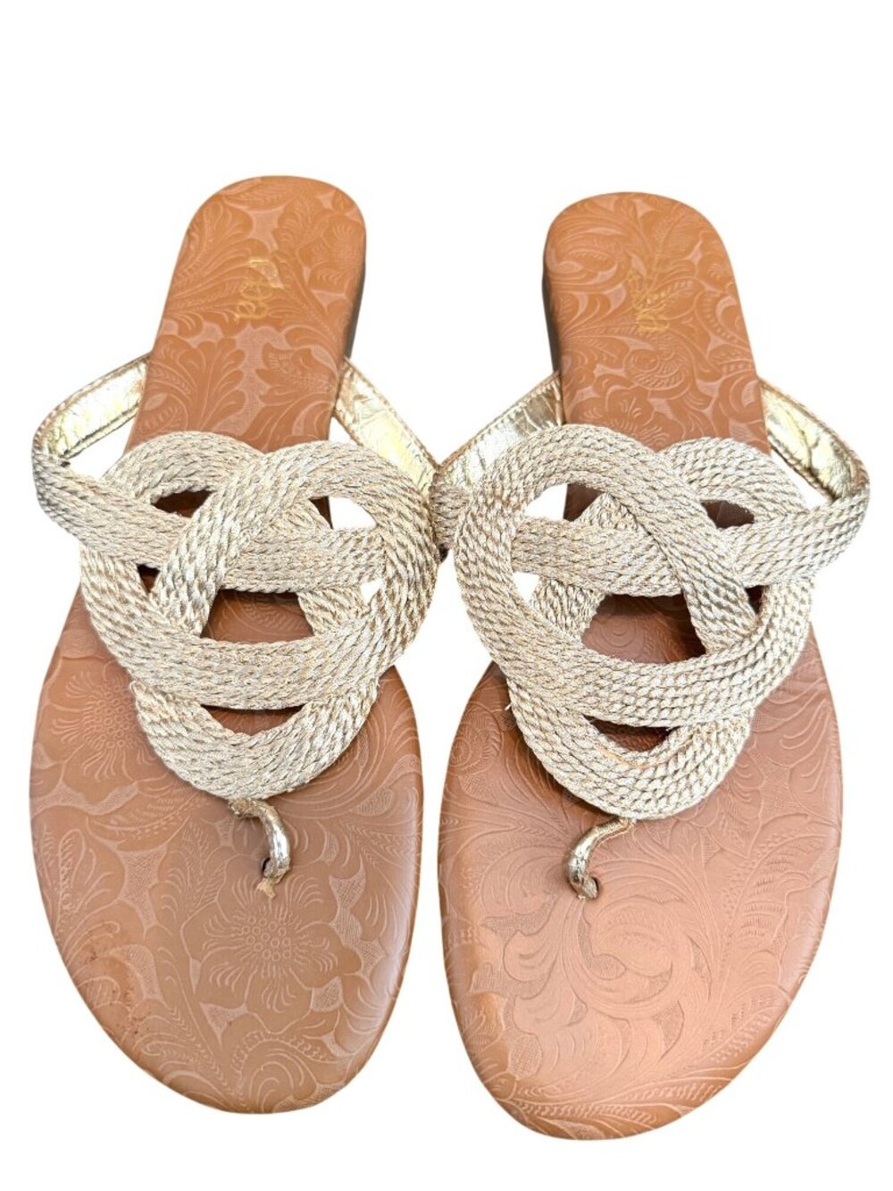 Reba Braided Gold Rope Sandals With Floral Embossed Sole Size 10M
